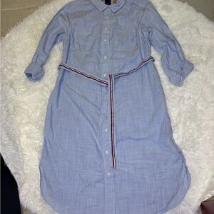 Tommy Hilfiger Blue and White Striped Tie Belt Shirt Dress
